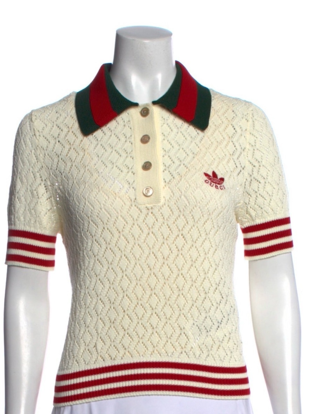 Gucci Cream Short-Sleeve Knit Polo with Red Stripe Trim